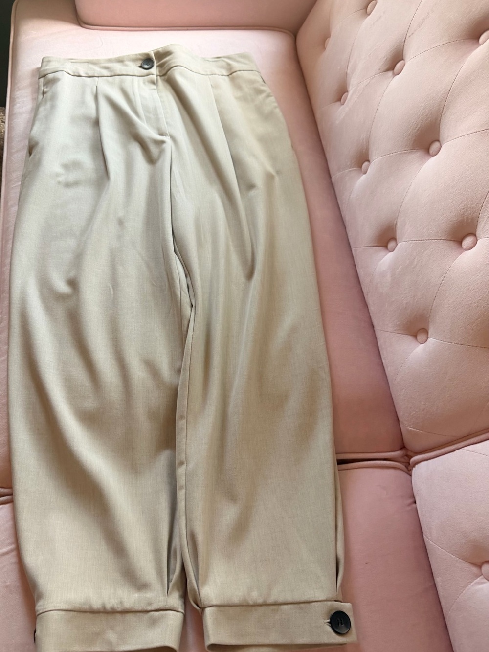 High-Waist light khaki pants button detail at the bottom